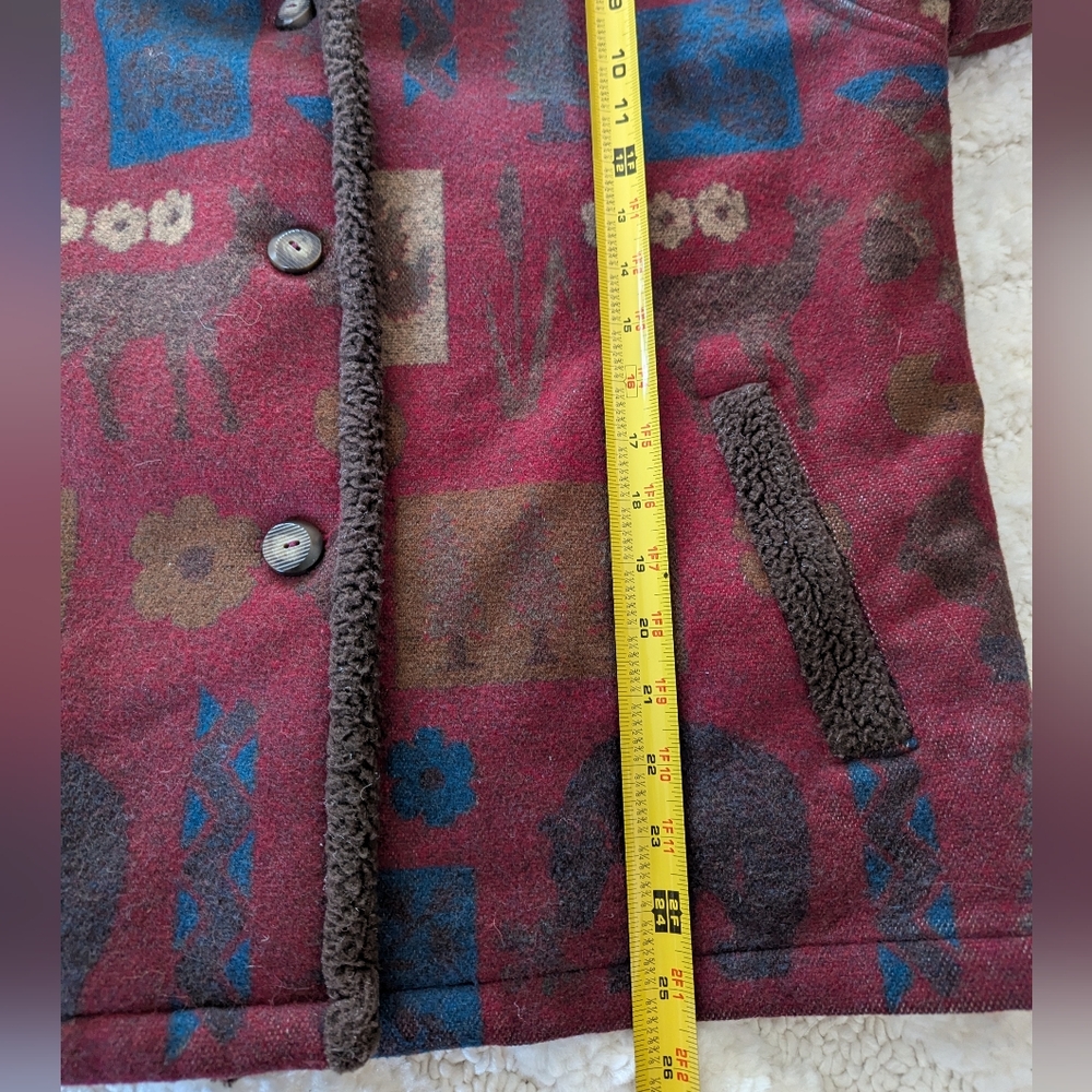 Pendleton Originals Wool Sherpa Trim Blanket Coat Bear Moose Print Burgundy L - Picture 13 of 14